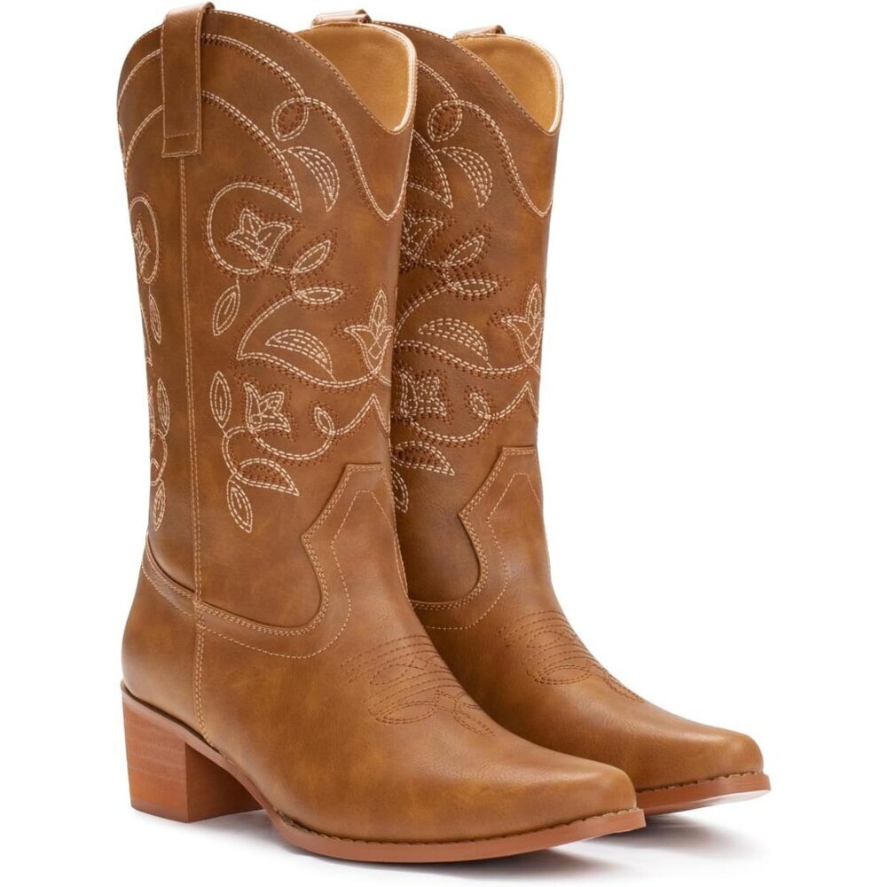 Women's Chestnut Pointy Toe Faux Leather Western Cowgirl Mid Calf Boots - Picture 4 of 6